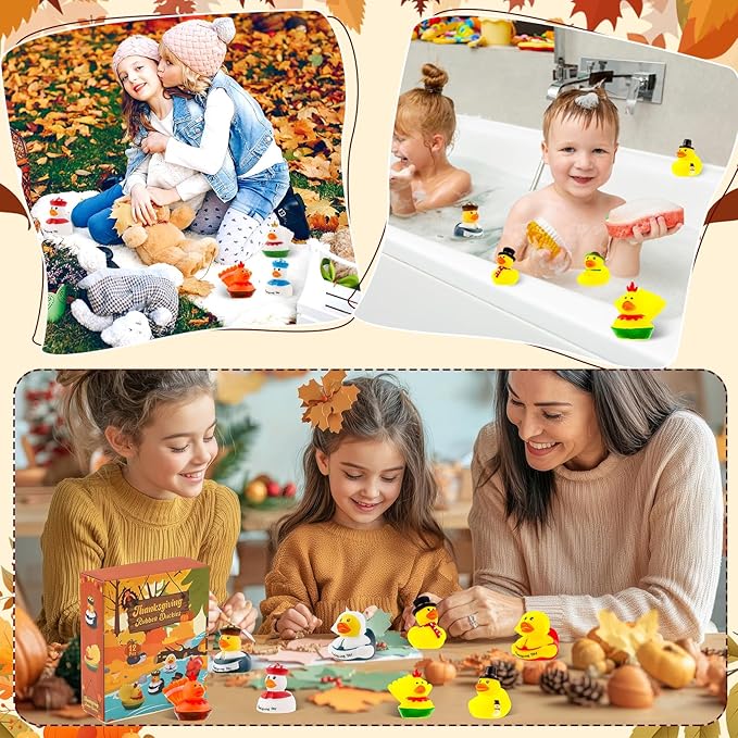 12PCS Thanksgiving Rubber Ducks Thanksgiving Day Themed Turkey & Pilgrim Ducks Bath Toys Basket Fillers Table Duckies Decors Fall Party Favors for Kids Adults
