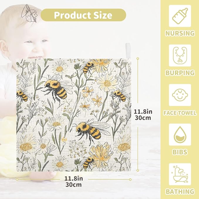 Bolaz Washcloths Set Bathroom Kitchen Wash Cloths Face Towels Wipes Vintage Bee Decorative 12x12 Inch 5 Pack