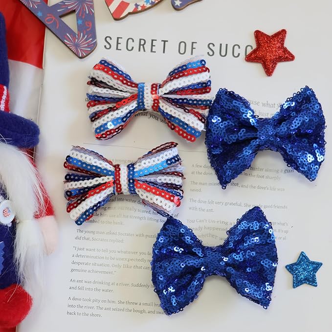 4th of July Sequin Hair Bows for Girls Blue Sparkly Alligator Clips Star Glitter Hair Accessories for Little Teen Toddler Girls Kids Independence Gift