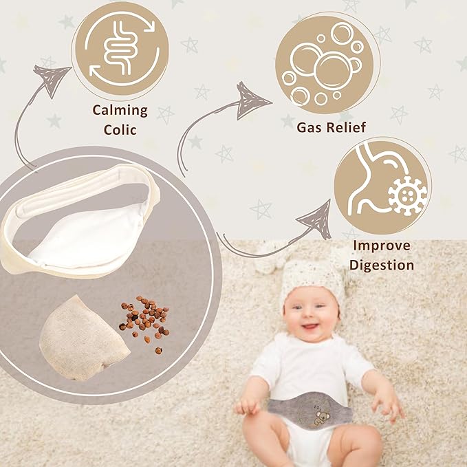 Baby Colic Gas and Upset Stomach Relief for Newborns-100% Cherry Seed-Heated Tummy Wrap-Colic Baby Swaddling Belt for Natural Relief–Soothing and Calming (Beige)
