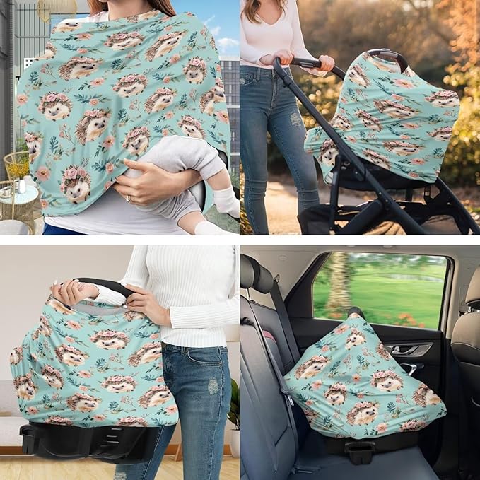 Mint Green Carseat Canopy Floral Hedgehogs Multi-use Breastfeeding Scarf Newborn Breastfeeding Pillow Slipcover Detachable Nursing Pillow Protective