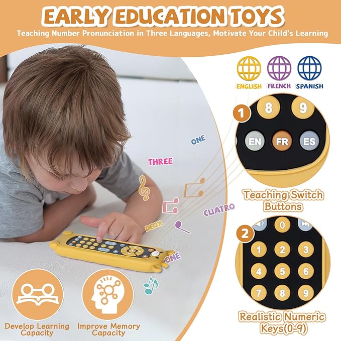 Orzbow Baby Remote Control Toy for 6 Month+ with Silicone Teether Cover, TV Remote Toy with Realistic Light and Sound - English, French and Spanish for Infant Play Remote Musical Toys, BPA Free, Black