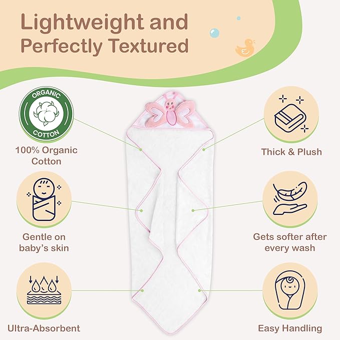 Mother's Choice Baby Towels 100% Organic Cotton Hooded Design, Large Size Baby Bath Towels, Ultra-Soft & Absorbent for Newborns, Infants, Toddlers, Boys & Girls with Animal Hood (Butterfly)