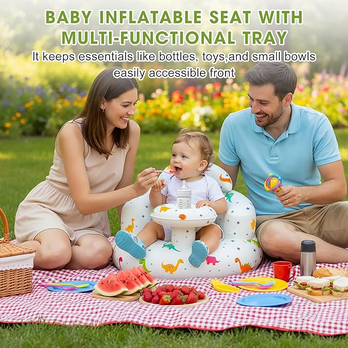 Inflatable Baby Seat with Tray and Built-in Air Pump, 3-36 Months Baby Floor Seat for Sitting Up, Portable Blow Up Baby Chair for Feeding, Travel, Beach (Dinosaur)
