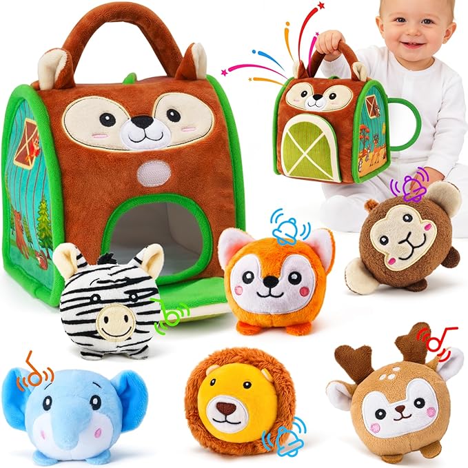 Baby Toys - Soft Squirrel Barn with 6 Sensory Stuffed Animals - Rattles, Crinkle, Mirror, Montessori Toys Ball for 6-12 Months & 0-3 year Toddler Boy Girl Birthday Gift Travel & Fidget Toy