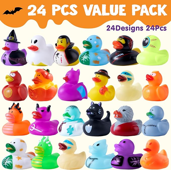 JOYIN 24 PCS Halloween Rubber Ducks, Halloween Ducks Toys for Trick or Treating Goodie Bag Fillers, Bathtub Toys Duckies for Halloween Party Favors Decorations, School Classroom Game Prizes