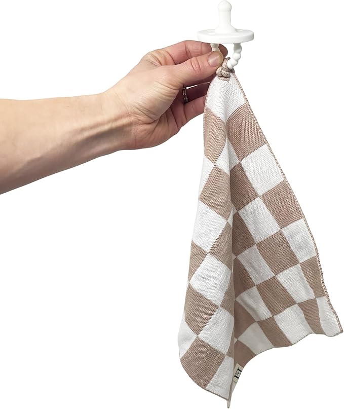 L+L USA Checkered Baby Lovey 100% Organic Cotton Knit Pacifier/Teether Holder 11"x11" - DreamSoft Cuddly Soothie Mini Comfort Blanket - Newborn Gift Essential Babies Boys Girls (Tan/White)