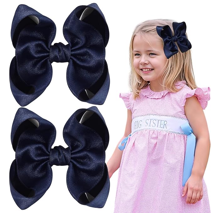 OAOLEER 2PCS 3.5inch Hair Bows for Girls，Navy Stain Ribbon Hair Bows Alligator Clips Hair Accessories for Back To School Teen Toddler Girls Kids (Navy)