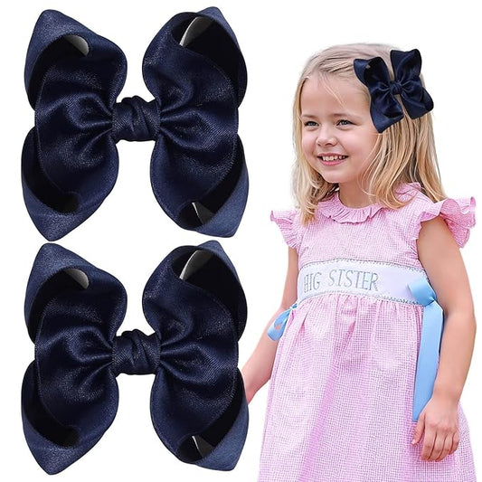 OAOLEER 2PCS 3.5inch Hair Bows for Girls，Navy Stain Ribbon Hair Bows Alligator Clips Hair Accessories for Back To School Teen Toddler Girls Kids (Navy)
