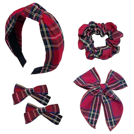 5 Pcs Plaid Headband With Hair Knotted Scrunchies Bow, Padded Holiday Headband, Hair Clips Accessories for Women and Girls (Dark Red)