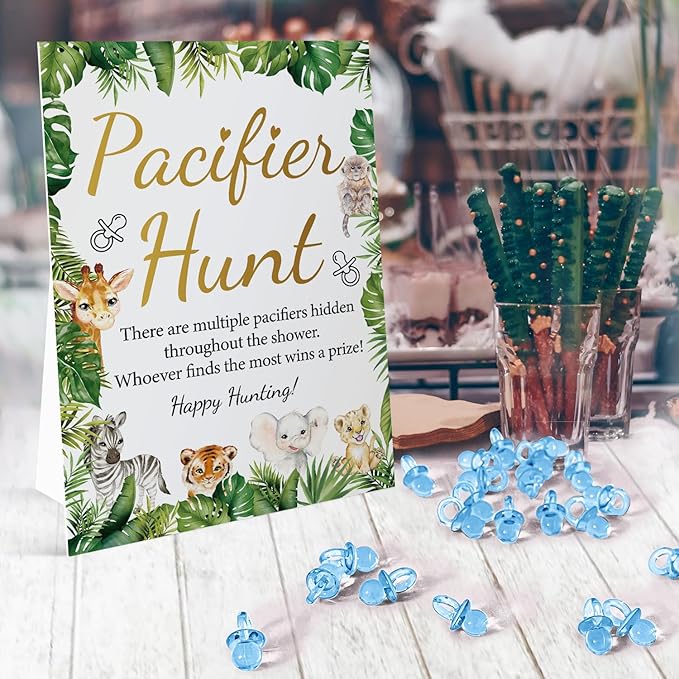 Baby Pacifier Hunt Baby Shower Games Sign (8×11 inch), Safari Jungle Zoo Forest Animals Theme Baby Gift Sets, 50 Acrylic Baby Pacifiers Mini Plastic Pacifiers for Baby Gender Reveal Gender