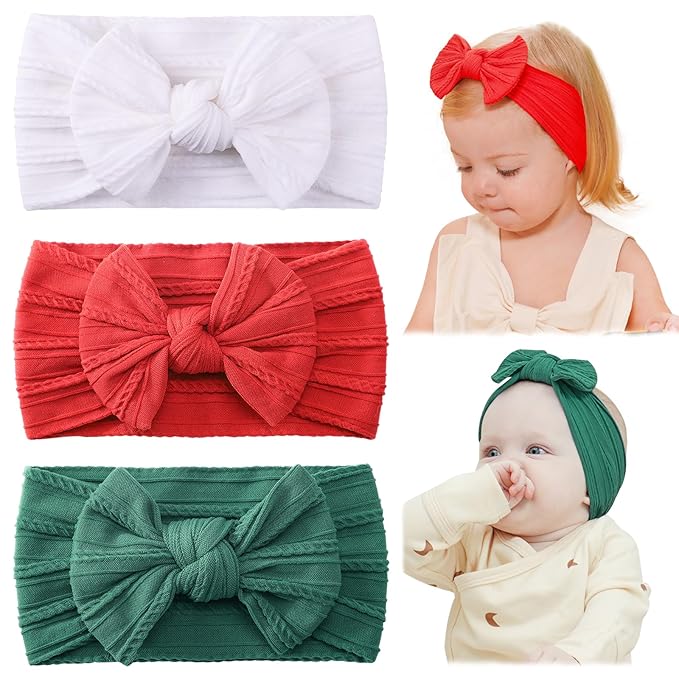 jollybows Baby Girl Headband Christmas Bows Nylon Head Wraps Newborn Hairbands Infant Toddler Hair Bow (4- Red Green White- Merry Christmas)