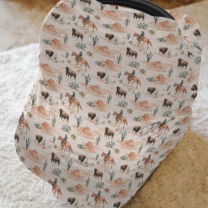 Vintage Cowboy Buffalo Car Seat Covers for Babies Retro Bison Cactus Stretchy 5-in-1 Cover Adjustable Car Canopy Breastfeeding Cover Western Desert Breathable Nursing Cover-Up