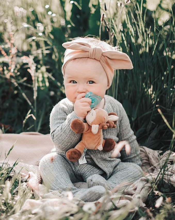 PaciBuddy Deer Pacifier Holder - Plush Toy with Detachable Pacifier & Universal Adapter, Gender Neutral Baby Gift for 0+ Months - Infant Plush Baby Toy, Versatile Baby Essentials, Binky