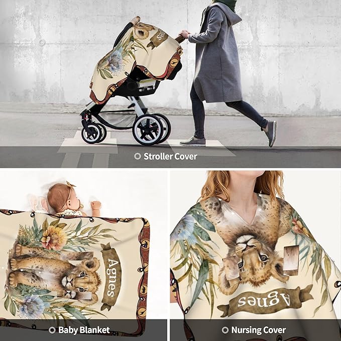 Personalized Winter Carseat Cover for Baby Custom Name Car Seat Canopy for Newborn Baby Boys Girls 2 in 1 Mom Nursing Breastfeeding Covers Lion Minky Baby Carrier Stroller Covers