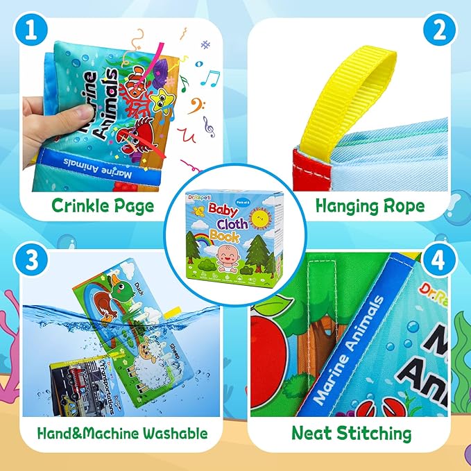 Dr.Rapeti 8-Pack Soft Cloth Books Baby Bath Books Crinkle Washable Chewable Early Educational Preschool Learning Giftable for Infant Toddler Kid