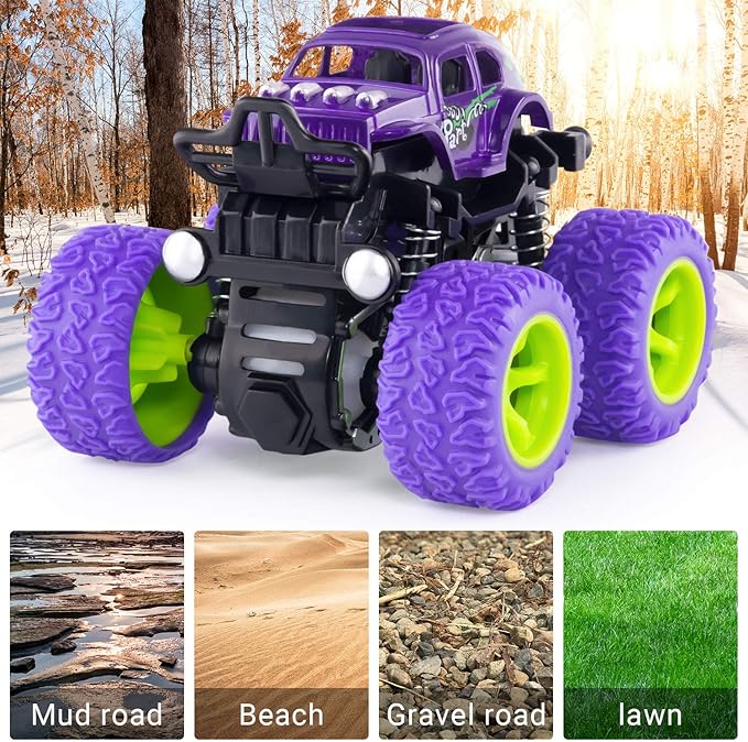 4 Pack Monster Trucks Toys for Boys 2 3 4 5 6 Year Old, Friction Powered Pull Back Car Toys for Toddlers Kids Ages 2-3-5-7, Best Birthday Christmas Party Gift for Boys and Toddlers