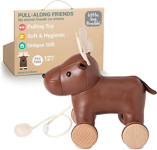 Little Big Friends Moose Pull Toy for Toddlers | Soft Walking Toy with Adjustable Cord | Classic Baby Push & Pull Toy | Bruce The Moose