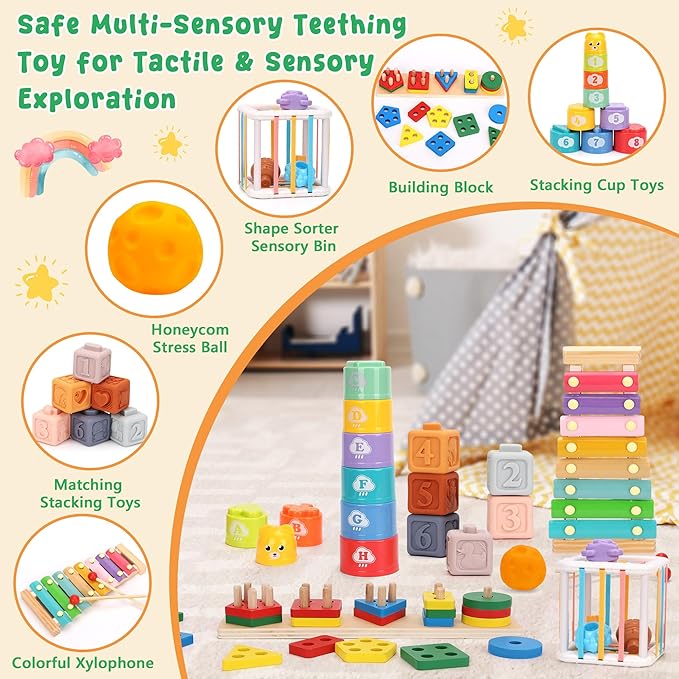 6 in 1 Montessori Baby Toys 6-12-18 Months Infant Sensory Developmental Toys Set, Toddler Gift Early Learning Baby Toys for 1 Year Old Boys Girls