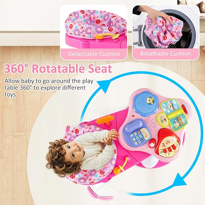 INFANS 3 in 1 Walk Around Baby Activity Center, Baby Walker with Play Table, Wheels, Detachable Seat Cushion, 3 Adjustable Heights, Learning Toys for Boys Girls Aged 6-36 Months (Pink)