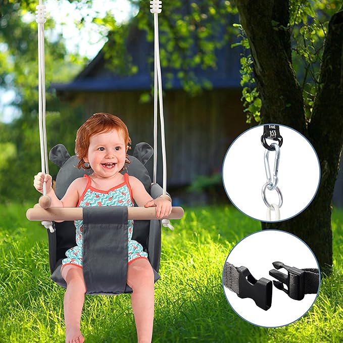 Secure Baby Swing Seat with Safety Belt - Baby Canvas and Wooden Swing Chair with Ear Décor Cushion - Hanging Indoor Swing for Infants & Baby Swing Outdoor - Tree Toddler Swing for Backyard Outside