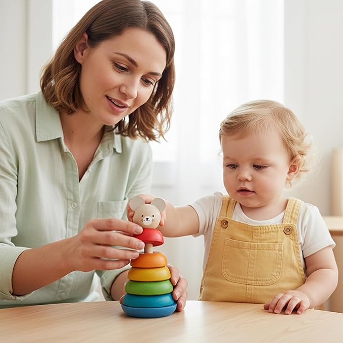 PlanToys® Mouse Stacking Ring Wooden Montessori Size and Colour Sorting Toy | Fine Motor, Coordination and Early Math Learning Activity | Eco Friendly Educational Stacking Toy