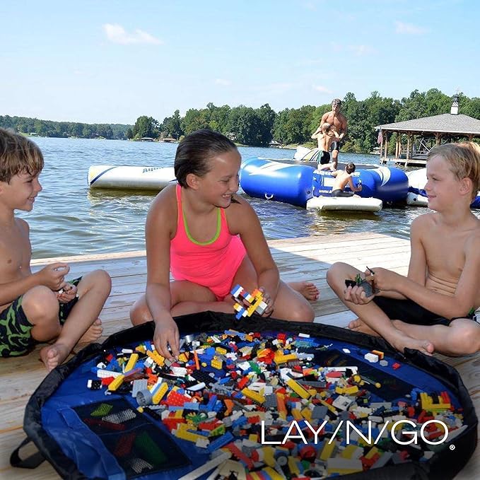 Lay-n-Go Layflat Portable Drawstring Cinch Storage Toy & Mini Figures Organizer & Play Mat, Mesh Pockets, Home & Travel, Kids & Toddlers Playdates, 2 Straps for Backpack, Durable, Machine Washable