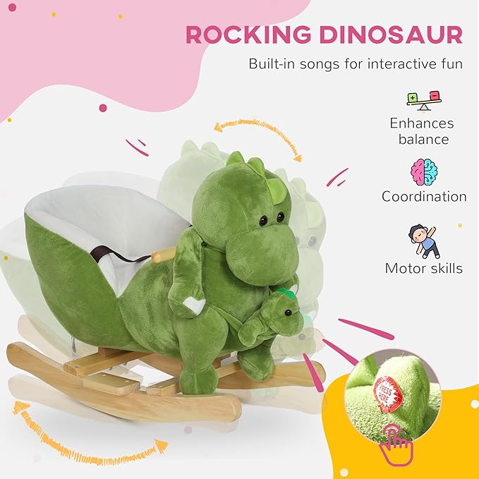 Qaba Baby Rocking Horse, Toddler Plush Dinosaur Animal Rocker with Seat Belt, 32 Songs, Hand Puppet, Kids Riding Horse Rocking Chair for 18-36 Months, Green