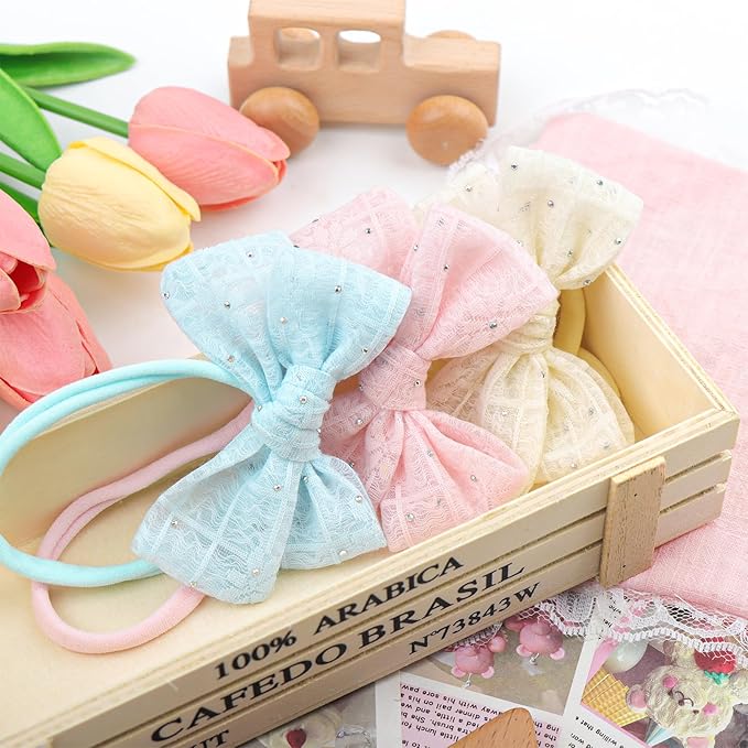 YanJie 3PCS 4’’ Lace Hair Bow for Girls Soft Nylon Baby Headbands Rhinestone Pink Blue Off White Bows Hair Accessories for Newborn Infant Toddler Girl