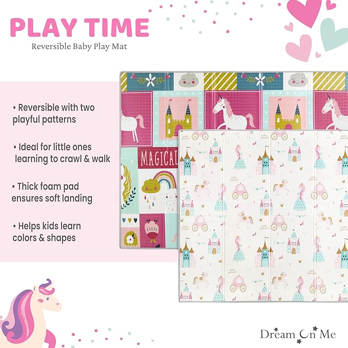 Dream On Me Play Time Reversible Baby Play Mat Foldable Extra Large Thick Foam Crawling Playmats for Toddlers Waterproof Portable Playmat, Goofy Den
