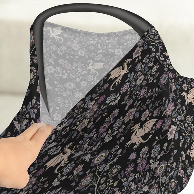 Fantasy Floral Dragons Car Seat Cover for Baby Fairytale Dragon Gothic Black Purple Flowers Stretchy 5-in-1 Cover Adjustable Car Canopy Breastfeeding Cover Fantasy Animal Breathable Nursing Cover-Up