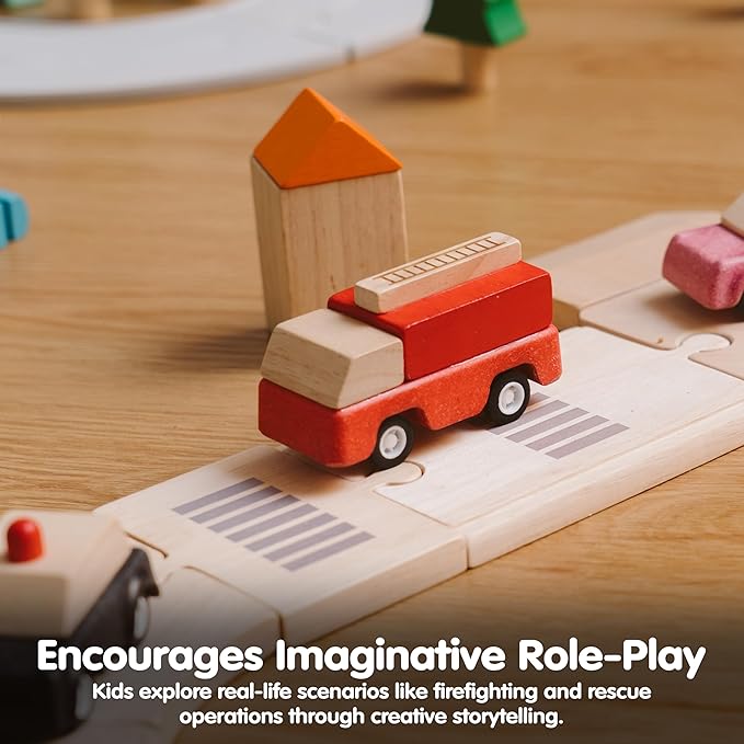 PlanToys® Fire Truck Wooden Montessori Vehicle Toy | Early Movement, Imagination and Practical Life Exploration | Eco Friendly Fire Rescue Truck for Indoor and Outdoor Play