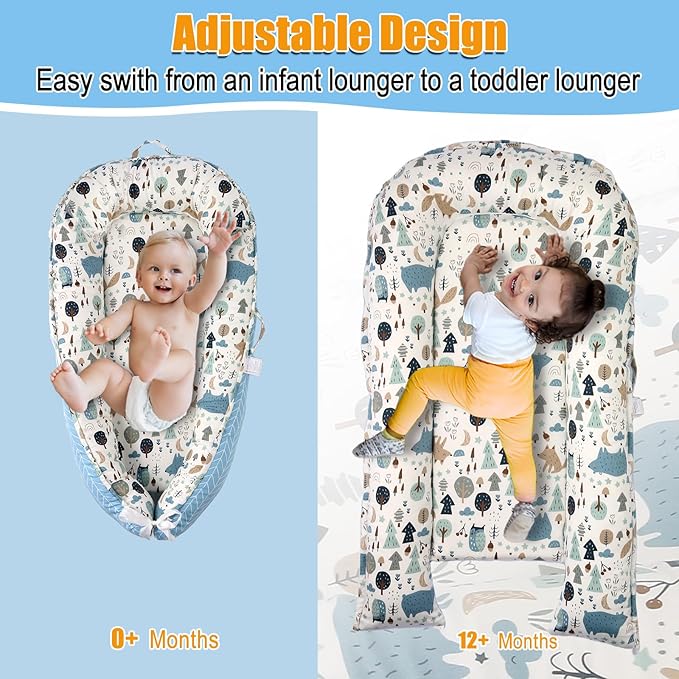 Baby Lounger - Baby Lounger for Newborn, 0-24 Months, Reversible Adjustable Newborn Lounger Baby Nest for Home and Travel, 100% Organic Cotton Washable Infant Lounger Cover, Essential Baby Gift (Blue)
