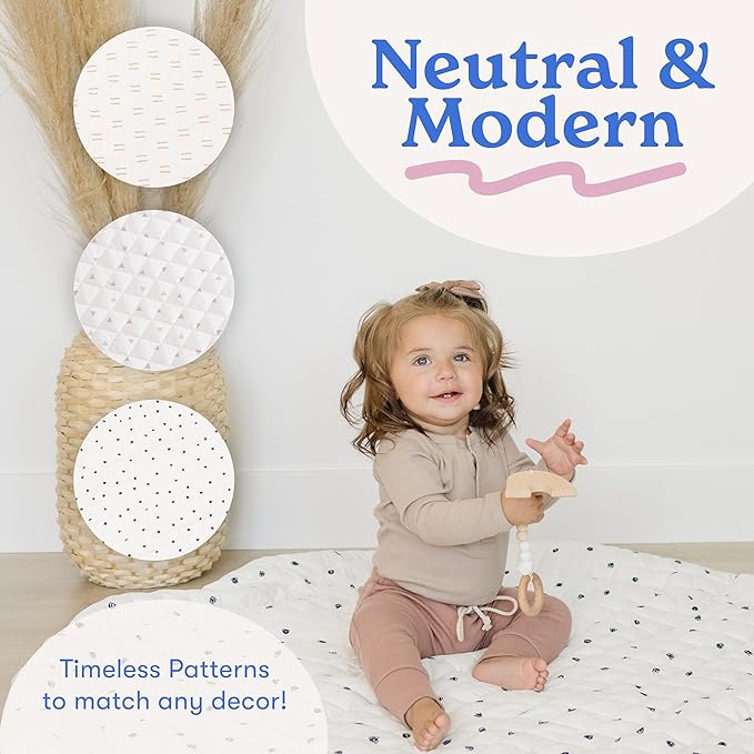 Round Baby Play Mat for Floor, 43" Reversible Tummy Time & Crawling Mat, Soft Cushioned Cotton Baby Playmat, Foldable & Machine Washable Activity Mat for Newborn to Toddler, Neutral Nursery & Playroom