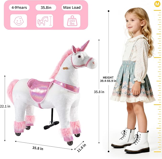 Pipleo Ride on Unicorn on Toys, Unicorn Ride on for Girls 6 to Adult, Ride on Unicorn Toys, Unicorn Rider Mechanical Walking Action Plush Animal, No Battery or Electricity, Max Load 187 LBS - Pink