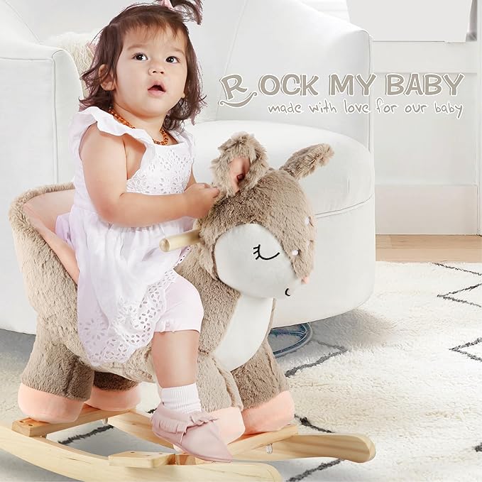 Rock My Baby Rocking Horse Deer with Chair, Plush Stuffed Animal Rocker for Toddlers 1-3, Baby Rocker with Sweet Music, Animal Ride on,Pink Deer,CPC Certified