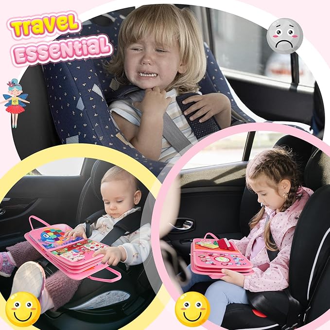 URMYWO Busy Board - Montessori Toys for 1 2 3 4 Year Old, Busy Book Toddler Activities with Fine Motor Skills, Autism Sensory Toys Gifts for Boys Girls, Travel Toys for Road Trip Plane Car (Pink