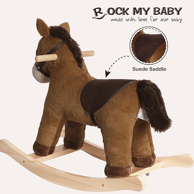 Rock My Baby Rocking Horse, Dark Brown Horse Rocker for Toddlers 18M+, Plush Ride on Horse Toy with Realistic Sound,Soft Stuffed Filling, CPC Certified