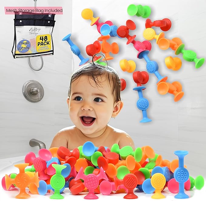Gift Boutique 48 Pack Bulk Easter Basket Stuffers | Toddler Bath Toys for Kids Fine Motor Skills | Silicone Suction Sensory Toys | Montessori Travel Airplane Activities with Storage Bag, Easter Gift
