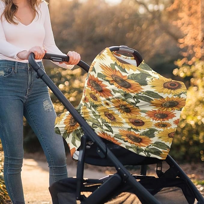 AFPANQZ Sunflower Baby Car Seat Covers Cozy for Girls Boys Multifunctional Infant Car Seat Canopy Nursing Cover High Chair Cover Full Coverage Breathable Stretchy Lightweight for Travel Outdoors