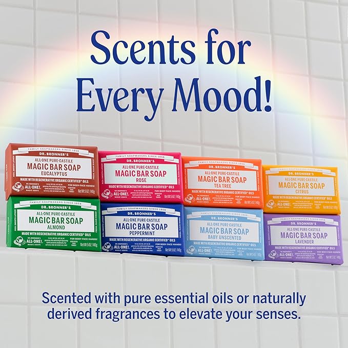 Dr. Bronner's Pure-Castile Magic Bar Soap (Almond, 5 ounce, 12-Pack)-Made with Regenerative Organic Certified Oils, For Face, Body, Hair, Gentle, Vegan, Cruelty-free Non-GMO