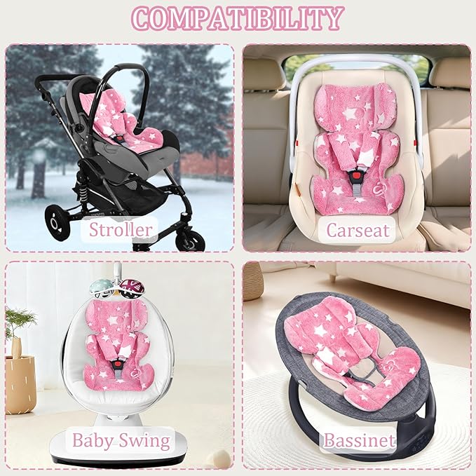 Infant Car Seat Insert Girls, Soft Flannel Baby Head Support & 2 Strap Pads, Preemie Newborn Carseat Cushion Reversible & All Season, for Stroller, Baby Swing, Rocker, Bassinets, Bouncer (Pink Star)