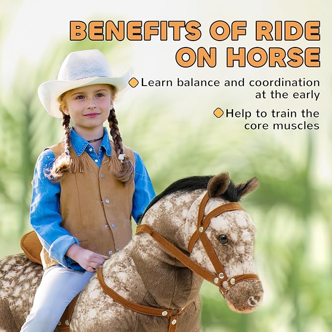 Qaba Ride on Horse, Riding Horse with Neighing Sound, Saddle, Ride on Animal for Kids Boys Girls 3-8 Years Old, Brown