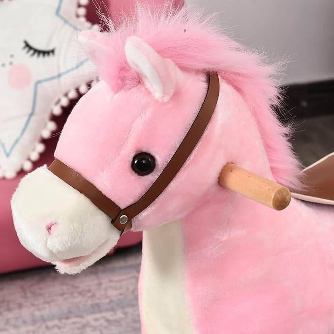 HOMCOM Children's Rocking Horse Baby Rocking Animal Horse with Animal Sounds Toy Handles for 36-72 Months Plush Pink 65 x 32.5 x 61 cm