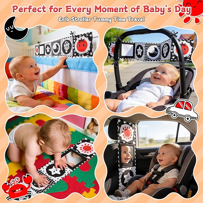 High Contrast Baby Toys for Newborn – Black White Tummy Time Mirror Toy, Crinkle Sensory Baby Book 0-6 Months for Newborns, Attach to Crib/Stroller/Car Seat
