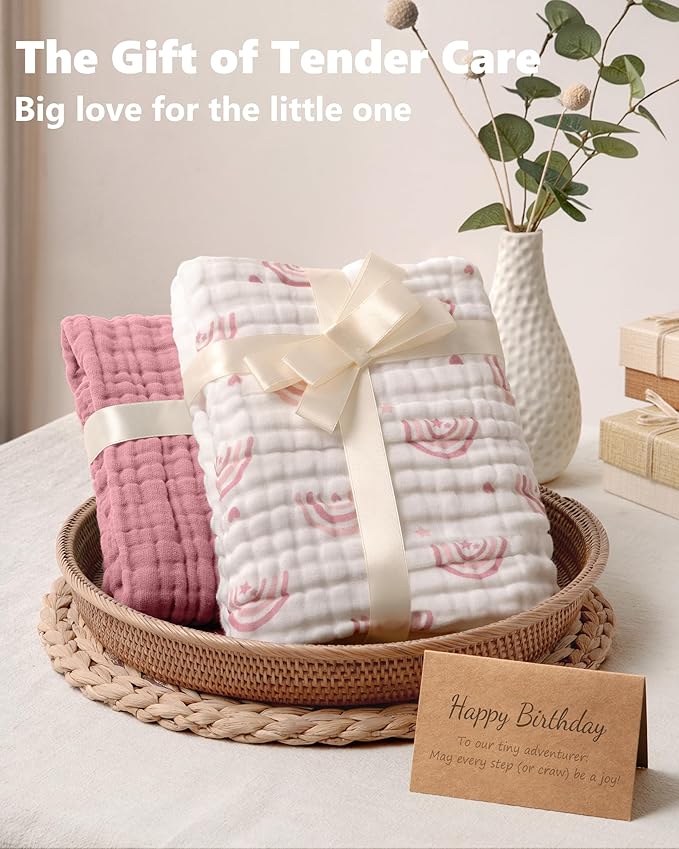 Baby Girl Bath Towels, 100% Muslin Cotton Hooded Baby Towels for Newborn, 2 Pack Baby Towels with Hood for Infant Toddler and Kids, Large 32x32Inch Bath Essentials, Soft and Absorbent