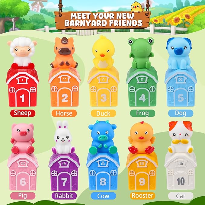Montessori Toys for Toddlers, 20Pcs Farm Animal Toy Counting, Matching, Sorting Preschool Learning Toy Barn Toy including 10 Barns,10 Finger Puppets and 2 Stickers Birthday Gift Baby Boys Girls