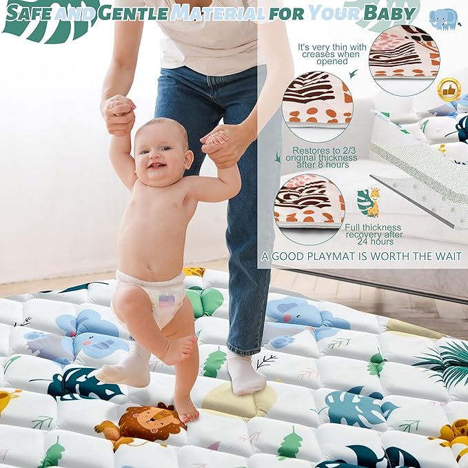 Baby Play Mats for Floor, 47x47 Playpen Mat for Babies, Extra Thicker & Soft Floor Crawling Mat, Foldable Non-Slip Playmat Cushioned for Infants Toddlers, Cute Animal Design