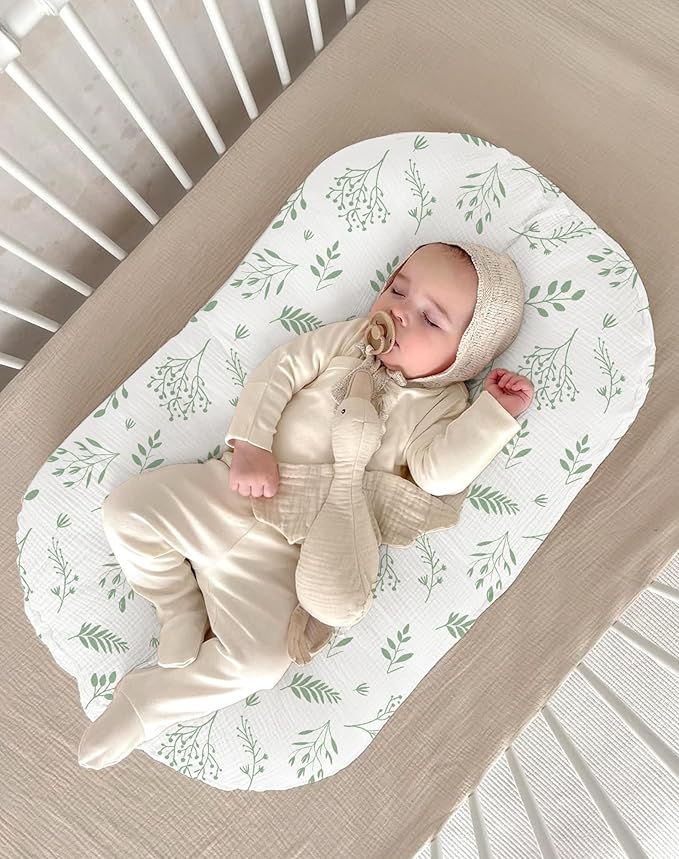 Muslin Baby Lounger Cover 2 Pack, Soft Breathable Newborn Lounger Pillow Cover for Boys Girls Infant (Leaf C & Sage)