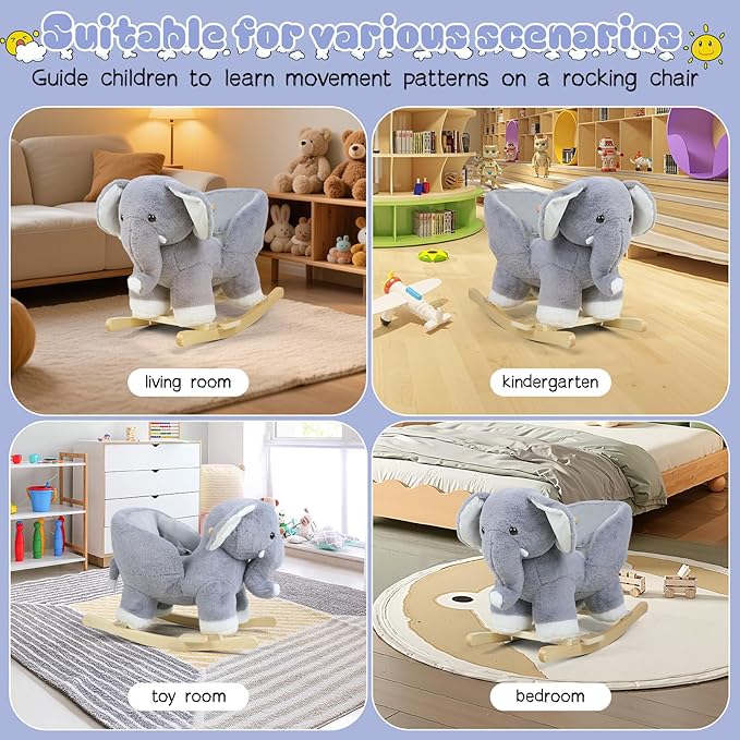 Baby Rocking Horse for Toddlers 1-3, with Music Sound, Elephant Shape, Stuffed Plush Ride-on Baby Rocker Chair with Wooden Base, Ergonomic Handle (Grey)